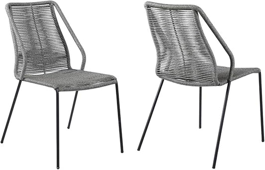 Armen Living Clip Modern Indoor Outdoor Patio Stackable Steel Dining Chair with Grey Rope - Set of 2