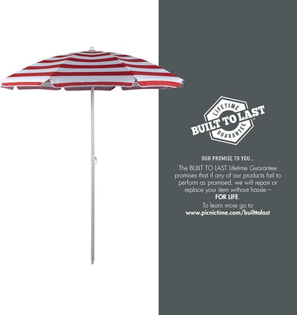 PICNIC TIME 5.5 Ft Portable Beach Umbrella, Lightweight UV Protection Sunshade with Tilt Pole & Carry Bag, Outdoor Canopy Umbrella for Beach, Sand, Pool, Patio, Camping, Travel, or Backyard Shade, (Red & White Cabana Stripe)