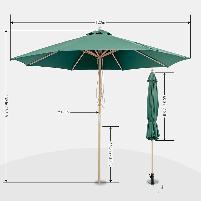 9FT/10FT Wood Patio Umbrella, Large Outdoor Table Pool Umbrella | 205G Olefin/180G Polyester Fabric, Push-Pull Operation Market Umbrella, 8 Rib Vented Canopy, Ideal for Patio, Backyard