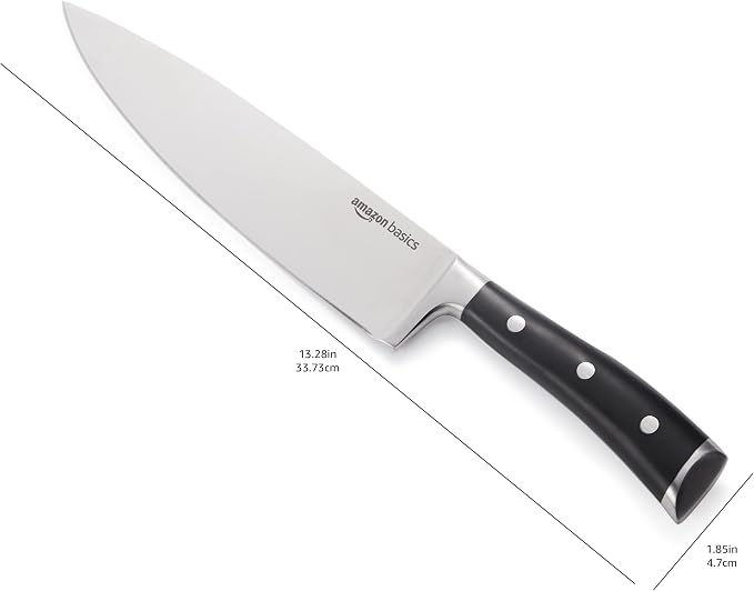 Amazon Basics Classic 8-inch Full Tang High Carbon Stainless Steel Chef's Knife, Multipurpose Kitchen Knife with Three Rivets, Silver (Pack of 12)
