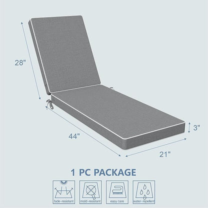 LVTXIII Outdoor Chaise Lounge Cushion 72x21x3 Inch, Water-Repellent Patio Seat Cushion with Ties & Hidden Zipper, Thick Foam Pad for Lawn Chair, Poolside, Patio Furniture, Grey Textured