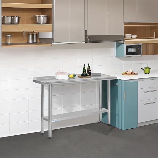 Hally Stainless Steel Table 14 x 36 in, Kitchen Prep Work Table, Backsplash | Provides a narrow surface for appliances or outdoor cooking; lower shelf organizes gear, while adjustable feet reduce wobble.