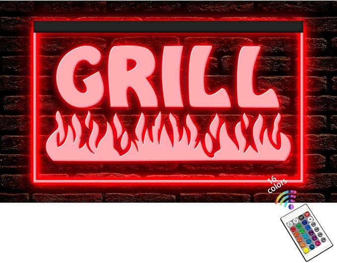 110032 Fire Grill Bar Restaurant BBQ Steakhouse Open Display LED Light Neon Sign (21.5" X 12", 16 Colors By Remote)