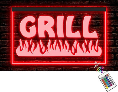 110032 Fire Grill Bar Restaurant BBQ Steakhouse Open Display LED Light Neon Sign (21.5" X 12", 16 Colors By Remote)