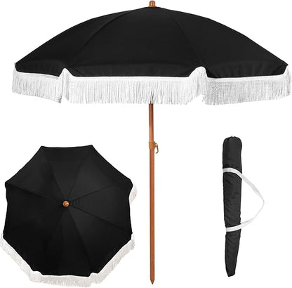 6 Ft Fringe Patio Umbrella - Outdoor Umbrella for Patio, Pool, Table, Garden, Deck, Beach, and Outdoors - Fashionable Boho Vintage Tassels & Wood Print - Push Button Tilt Pole