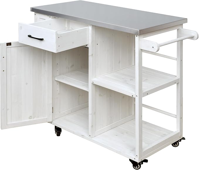JIVOIT Outdoor Kitchen Island with Stainless Steel Worktop, Fir Wood Prep Station Lockable Kitchen Cart with Ample Storage Space, Towel and Spice Racks for Patio and Outdoor (White/122)