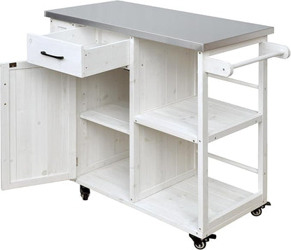 JIVOIT Outdoor Kitchen Island with Stainless Steel Worktop, Fir Wood Prep Station Lockable Kitchen Cart with Ample Storage Space, Towel and Spice Racks for Patio and Outdoor (White/122)