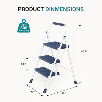 OLIXIS 3 Step Ladder, 880lbs Heavy Duty Step Stool with Anti-Slip Pedal | Portable Stepping Stool with Sturdy Ladder & Comfortable Handrail, for Kitchen, Garage & Outdoor Use, Blue