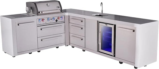Mont Alpi Deluxe 82"W x 113"D x L-shaped Stainless Steel Outdoor Kitchen Island with Beverage Center Refrigerator Faucet & Sink Combo + 32"W 4-Burner BBQ Grill + Granite Countertops + Storage + Cover