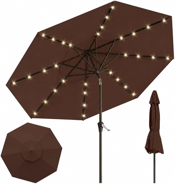 10FT Solar Lighted Patio Umbrella, Outdoor Table Market Umbrellas with Push Button Tilt and Crank, 32 LED Lights, 8 Sturdy Ribs, UV-Resistant for Deck, Garden, Pool