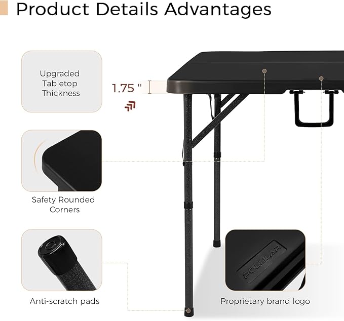 pollilar 34" Folding Card Table Square Foldable Table Plastic Portable with Detachable Legs, Dual Height Adjustable, Heavy-Duty Indoor Outdoor Dining, Game, Picnic, Mahjong Tables-Black