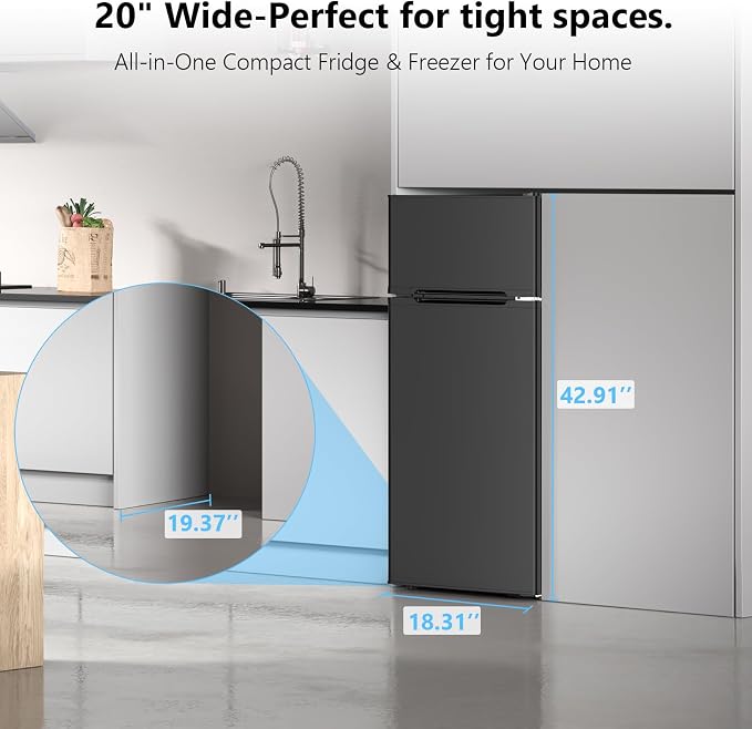 4.5 Cu.Ft Mini Fridge with Freezer, 2 Door Compact Refrigerator, Small Fridge with Adjustable Thermostat Energy Ultra Quiet, Mini Fridge Removable Glass Shelves for Bedroom Office Dorm-Satin Black