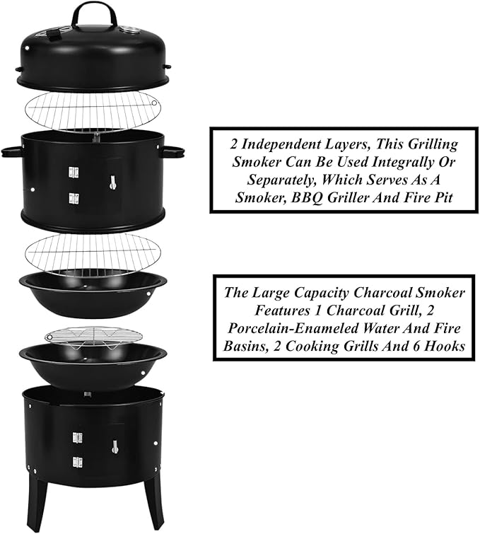 Portable 3 in 1 Vertical Charcoal Smoker BBQ Grill Roast Braise Fire Pit With 1 Charcoal Grill 2 Water And Fire Basins 2 Cooking Grills 6 Hooks Built-In Thermometer 2 Independent Detachable Layers