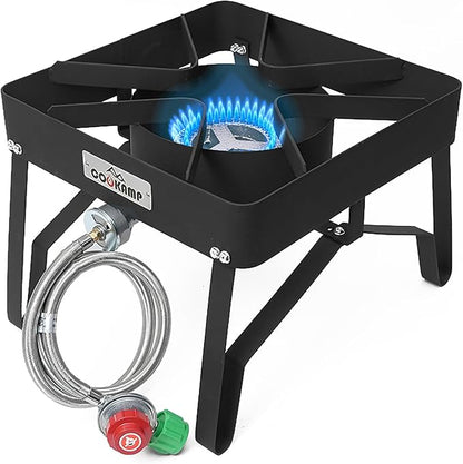 COOKAMP High Pressure Gas Cooker Outdoor Propane Burner with 0-20 PSI Adjustable Regulator and Steel Braided Hose (STEEL-SA1100)