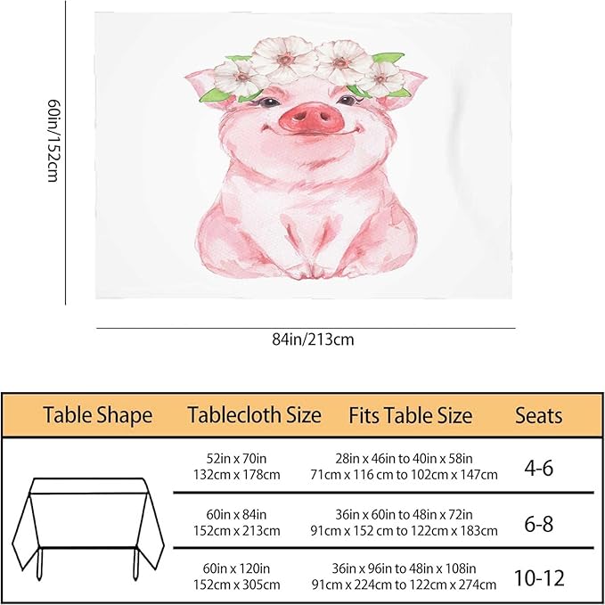 TKS MITLAN Pink Pig Funny Tablecloth 60x84 Inch Rectangular Cute Animal Wearing Wreath Oblong Table Cloth Kitchen Table Decorations for Home Dinner Party