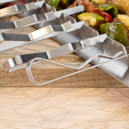 Restaurantware Met Lux 16.9 Inch Barbecue Skewers With Racks 8 Piece Heavy-Duty Shish Kabob Skewer Set - Brings 6 Skewers Includes 2 Grill Racks Stainless Steel Grilling Skewer Set Reusable