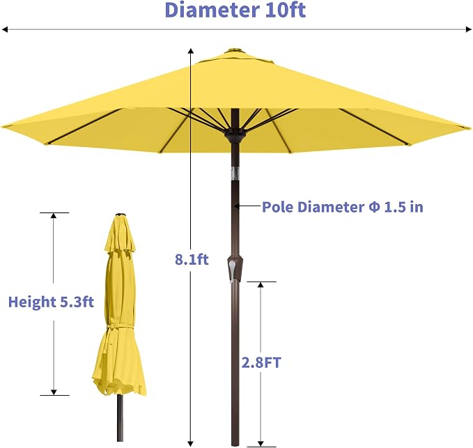 Kingdura 10FT Outdoor Patio Umbrella, Round Market Table Umbrella with Push‑Button Tilt and Crank Lift, 8 Sturdy Metal Ribs, UV50+ Protection Canopy for Backyard, Lawn, Deck, Poolside, Garden (Yellow)