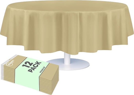 Grandipity 12 Pack Premium Disposable Plastic Tablecloth 84" Inch Decorative Round Table Cover - Beige