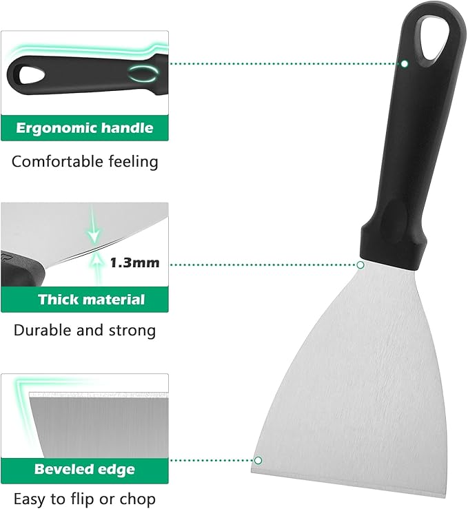 Metal Spatula Set of 2, HaSteeL 9.8 x 3.6In Stainless Steel Slant-edge Turner Flipper Scraper, Flat Top Griddle Teppanyaki Hibachi Tools for Barbecue Camping Cooking, Plastic Handle & Easy to Clean