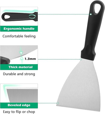 Metal Spatula Set of 2, HaSteeL 9.8 x 3.6In Stainless Steel Slant-edge Turner Flipper Scraper, Flat Top Griddle Teppanyaki Hibachi Tools for Barbecue Camping Cooking, Plastic Handle & Easy to Clean