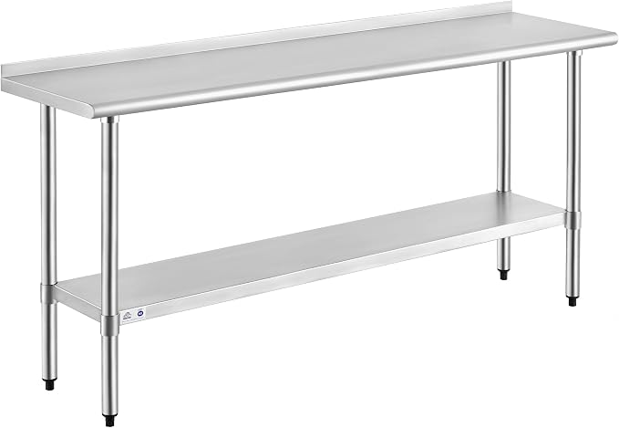 ROCKPOINT Stainless Steel Table for Prep & Work with Backsplash 18x72 Inches, NSF Metal Commercial Kitchen Heavy Duty Table with Adjustable Under Shelf and Table Foot for Restaurant, Home and Hotel
