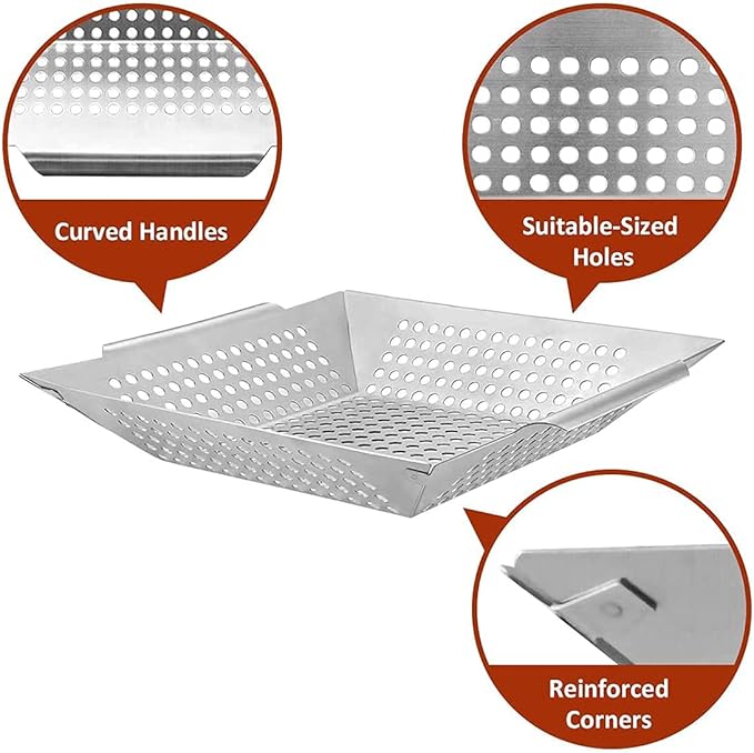 JY COOKMENT Grill Basket- Stainless Steel Grilling Basket for Indoor and Outdoor Use, Heavy Duty Vegetables Grill Basket for Veggies and Kabob, Suitable for All Grills, Dishwasher Safe