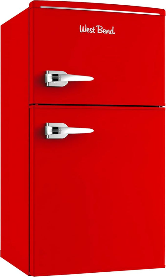 West Bend Mini Fridge with Freezer Retro-Styled for Home Office or Dorm, Features Dual Doors Removable Glass Shelves Manual Defrost and Mechanical Adjustable Temperature Control, 3.1-Cu.Ft, Red