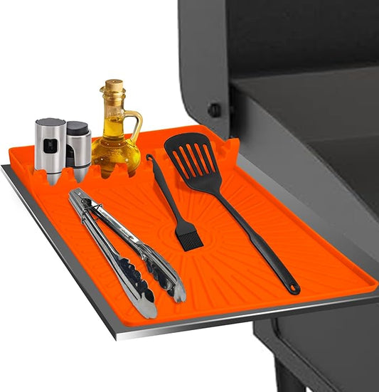 Silicone Grill Mat for Blackstone, Griddle Tool Organizer with Drip Pad, Heat Resistant Non Slip Spatula Holder for Grill Side Shelf, Flat Top BBQ Accessories for Camping Tailgating, Orange