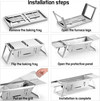 Portable Charcoal BBQ Grill for 3-6 People, Foldable Stainless Steel Grill with Windproof Design & Adjustable Height, Quick Setup Camping Picnic Stove for Backyard Travel