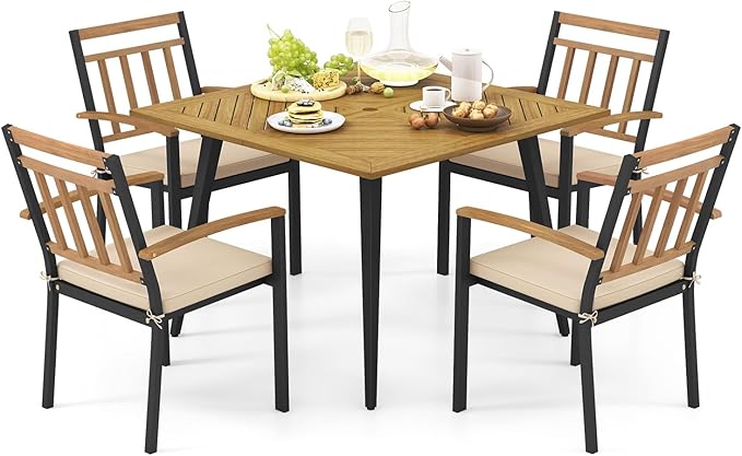 Tangkula 5 Pieces Patio Dining Set, Outdoor Dining Table and Chairs with Cushions, 42.5” Square Acacia Wood Dining Table with 1.9” Umbrella Hole, Outdoor Furniture Set for Backyard, Garden, Poolside
