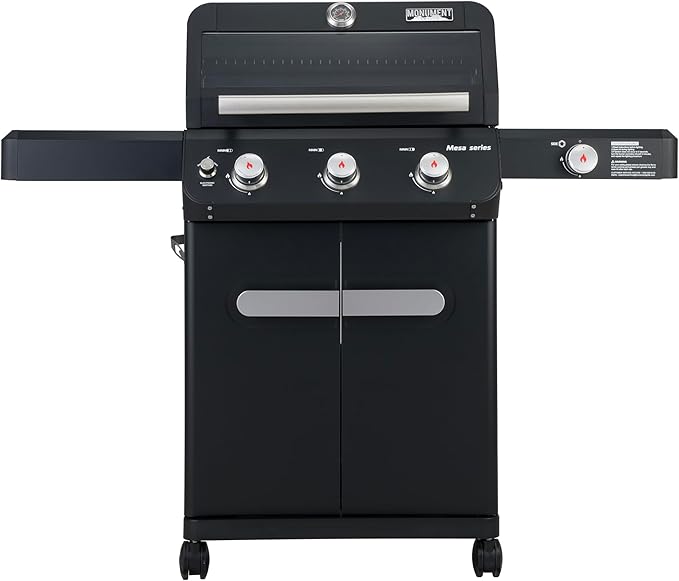 Monument Grills Mesa Series, 3+1 Outdoor Barbecue Stainless Steel Propane Gas Grill, 3 Burners & 1 Side Burner 48,000 BTU Patio Garden Grill with Knob Controls, Mesa325, Black