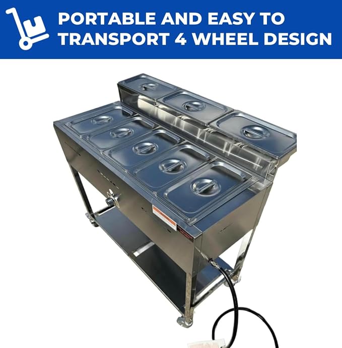 5 Pan Steam Table Food Warmer Cart | Heavy Duty Commercial Stainless Steel | Portable 4 Wheels | Outdoor Propane | 3 Condiment Containers | 8 Total Standard 1/3 Pans (12” x 6” x 4”) | CSA Approved | Catering, Home, and Backyard Use