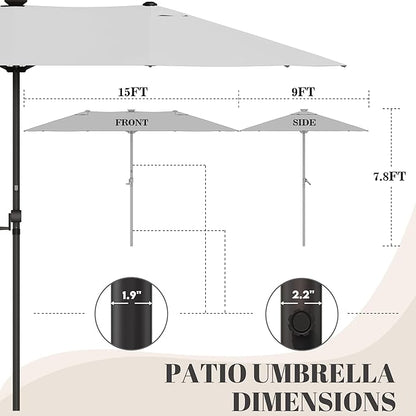 GDPFN 15ft Rectangular Patio Umbrella with Solar LED Lights, Double-Sided Outdoor Market Umbrella Extra Large Shade for Pool, Deck, Backyard, Garden, Light Gray (Base Not Include)