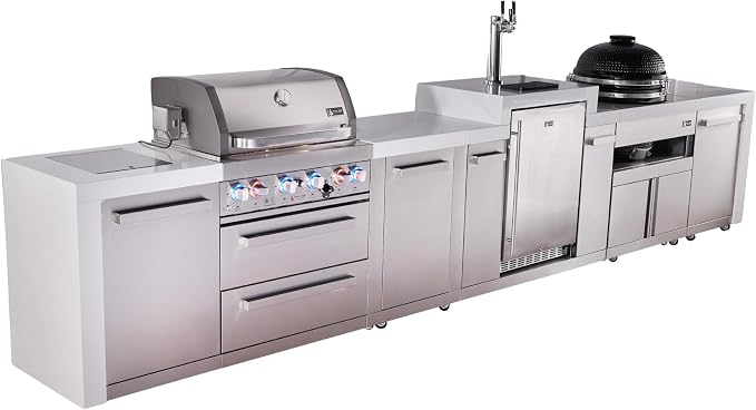 Mont Alpi Premium 4-Burner 155" Deluxe Stainless Steel Island Modular Outdoor Kitchen Island BBQ Gas Grill + Infrared Side Burner + Kegerator + Kamado + Storage Drawers and Cabinets + Rotisserie Kit