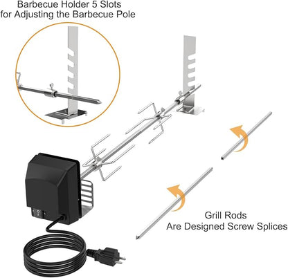 Universal Rotisserie Grill Kit for Most 2–6 Burner Grills,w/120V 4W Motor | UL Certificated BBQ Rotisserie Motor Kit, 28" Splicable Spit Rod, Meat Forks, Adjustable Brackets, Holds Up to 20 Lbs Roasts