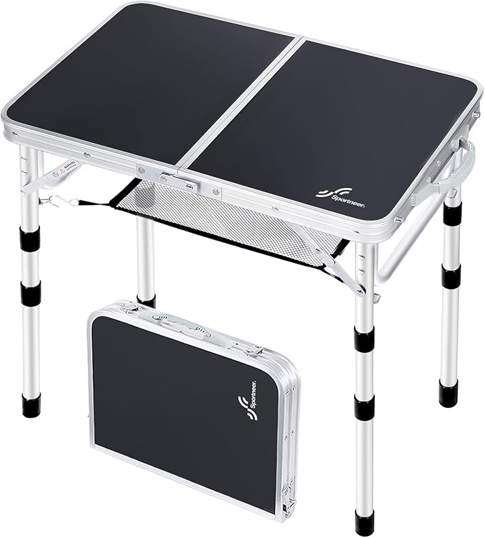 Sportneer Camping Table: Adjustable Height Small Folding Table 23.6" L x 15.7" W 4 Height with Mesh Layer - Compact & Portable Camping Essentials for Outdoor Camp Garden Picnic BBQ Dining Cooking