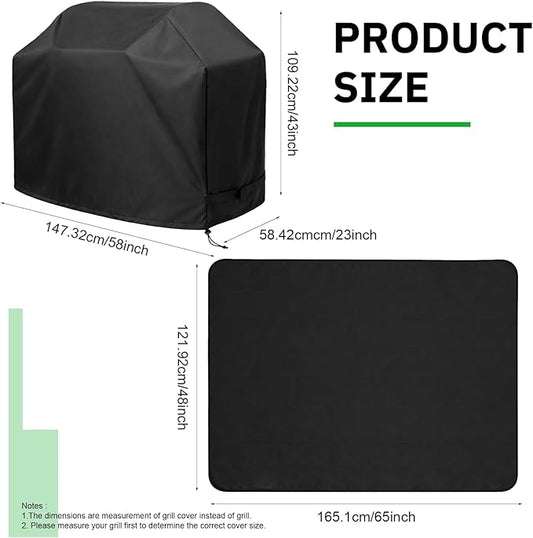 Tigeen 2 Pcs BBQ Grill Protector Cover and Under Grill Pad Set, 58'' Waterproof Windproof Barbecue Cover with Double Sided Oil Proof Fireproof Deck Mat for Outdoor Kitchen Patio Protection