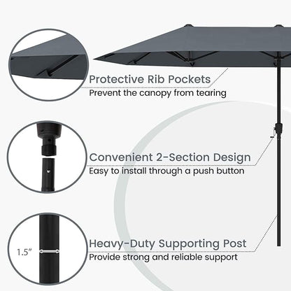Tangkula 13 FT Large Patio Umbrella, Outdoor Double-Sided Table Market Umbrella w/Crank Handle, 12 Heavy-Duty Ribs, Sun-Protective Rectangular Twin Parasol for Garden Deck Lawn Poolside (Gray)