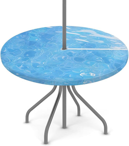 Fitted Round Tablecloth with Umbrella Hole and Zipper Ocean Outdoor Elastic Table Cloth 36"-44" Oil-Proof Waterproof Blue Water Patio Table Cover for Picnic Party