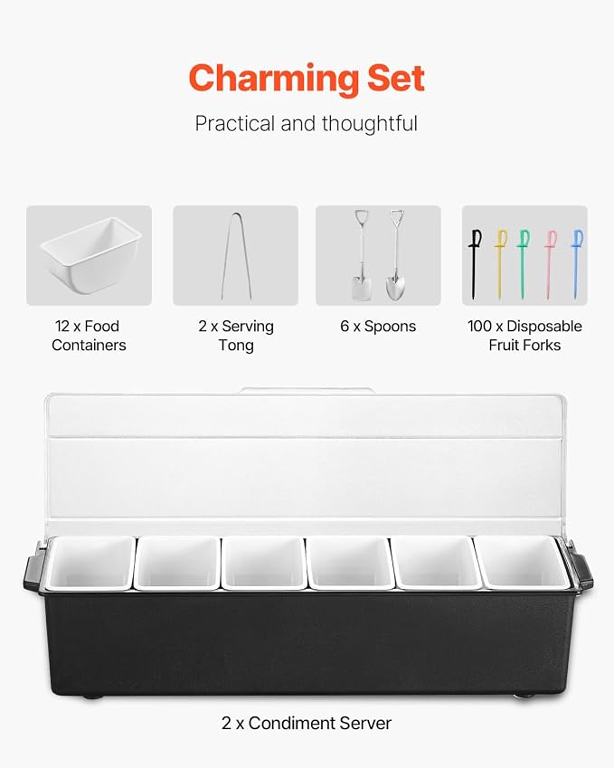 VEVOR Ice Cooled Condiment Serving Container, 6 Compartments Chilled Server, Fruit Veggie Condiment Caddy, Plastic Garnish Station Lid Dispenser Tray, for Bartending & Serving Taco Restaurant Supplies