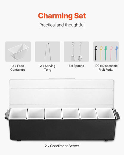 VEVOR Ice Cooled Condiment Serving Container, 6 Compartments Chilled Server, Fruit Veggie Condiment Caddy, Plastic Garnish Station Lid Dispenser Tray, for Bartending & Serving Taco Restaurant Supplies