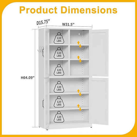 Kitchen Pantry Storage Cabinet, 64" Metal Pantry Cabinet with 4 Doors and Adjustable Shelves, Kitchen Pantry with Hooks for Home, Living Room, Assemble Required (White)