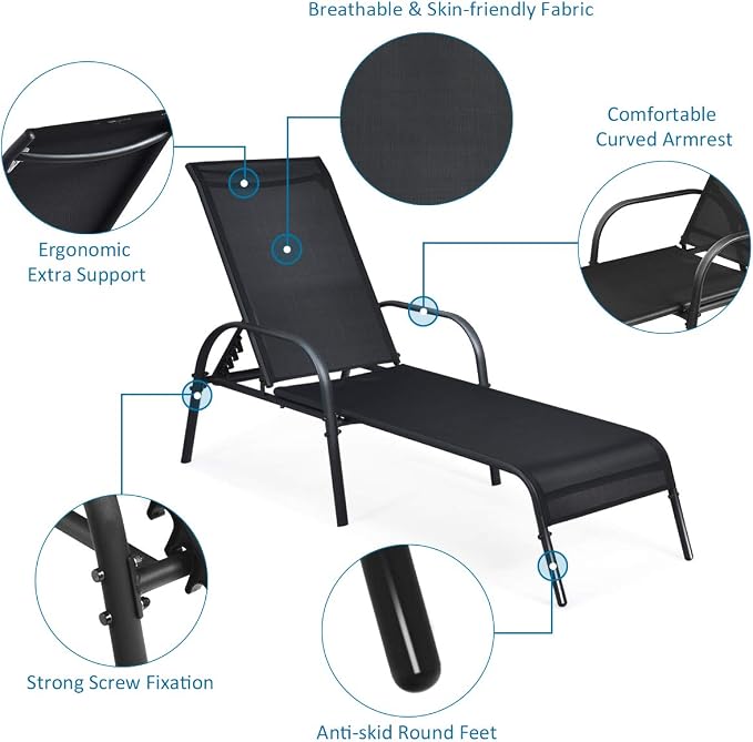 Tangkula Lounge Chair Outdoor, Patio Chaise Lounge with Adjustable Backrest, Reclining Pool Lounge Chair for Outside with Heavy Duty Steel Frame, Suitable for Beach, Yard, Balcony, Poolside