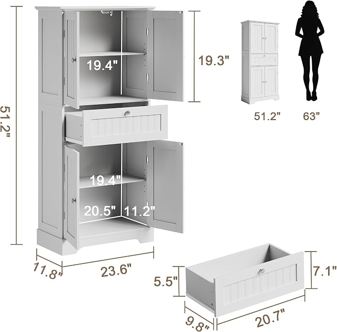 ChooChoo 51" H Bathroom Floor Cabinet with Drawers and Adjustable Shelves | Bathroom Storage Cabinet, Freestanding Kitchen Pantry Cupboard with 4 Doors for Living Room, White