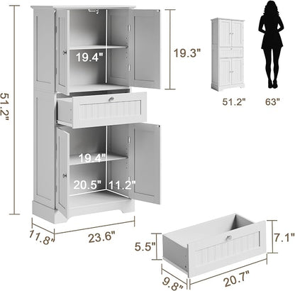 ChooChoo 51" H Bathroom Floor Cabinet with Drawers and Adjustable Shelves | Bathroom Storage Cabinet, Freestanding Kitchen Pantry Cupboard with 4 Doors for Living Room, White
