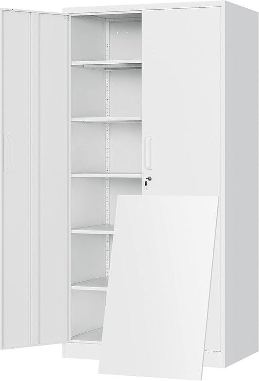 Yizosh Metal Storage Cabinet with Locking Doors and 5 Adjustable Shelves,- 72" Garage Storage White Steel Lockable File Cabinet for Office,Home,Garage