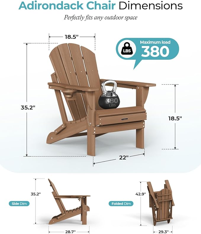 Ciokea Folding Adirondack Chair 6 Pack, Patio Adirondack Chair Weather Resistant, Plastic Fire Pit Chair with Cup Holder, Lawn Chair for Outdoor Porch Garden Backyard Deck (Teak)