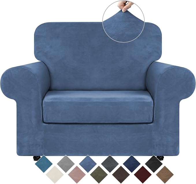 WEERRW Velvet Stretch 2 Pieces Chair Sofa Slipcovers Washable, Light Blue | Armchair Slipcovers Luxury Soft Velvet Plush Furniture Protector Couch Cover with Elastic Bottom for Kids Pets, Small