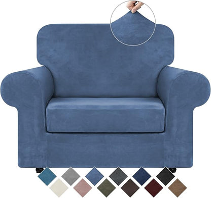 WEERRW Velvet Stretch 2 Pieces Chair Sofa Slipcovers Washable, Light Blue | Armchair Slipcovers Luxury Soft Velvet Plush Furniture Protector Couch Cover with Elastic Bottom for Kids Pets, Small