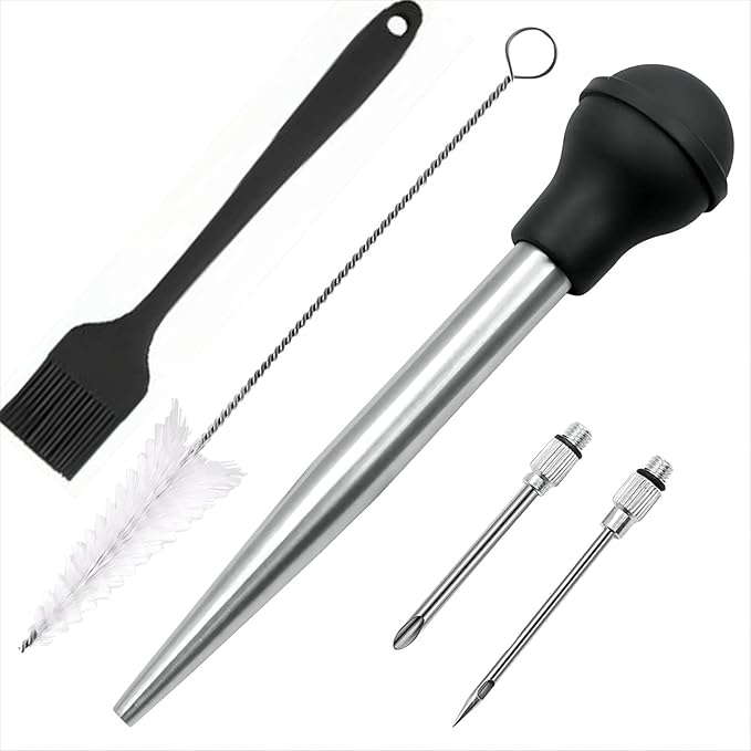 Turkey Bsater, Stainless Steel Turkey Baster Silicone Bulb with 2 Marinade Injector Needles and 2 Brush for Cooking Easy Clean and Dishwasher Safe Color Black